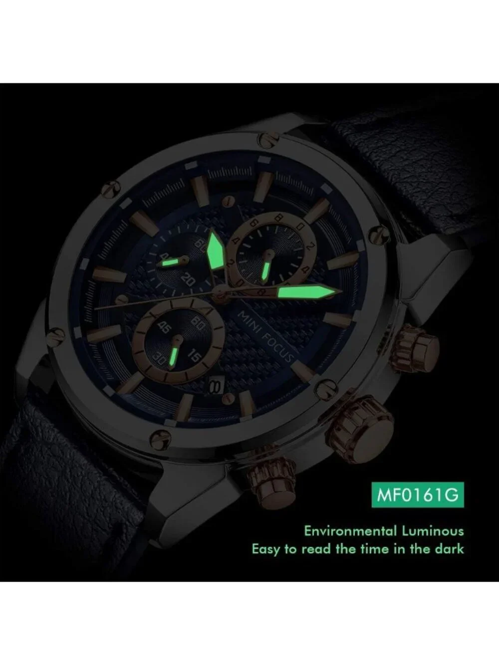 Men's Blue Leather Band Multifunction Waterproof Luminous Casual Wrist Watch